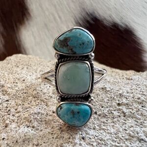 ❤️ White Water & Paloma Turquoise Navajo Style Artisan Sterling 925 Ring SZ 8.25